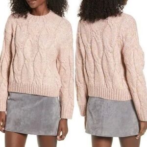 Evereve Wool Blend Chunky Cable-Knit Pullover Sweater Pink Marbled Sz XS